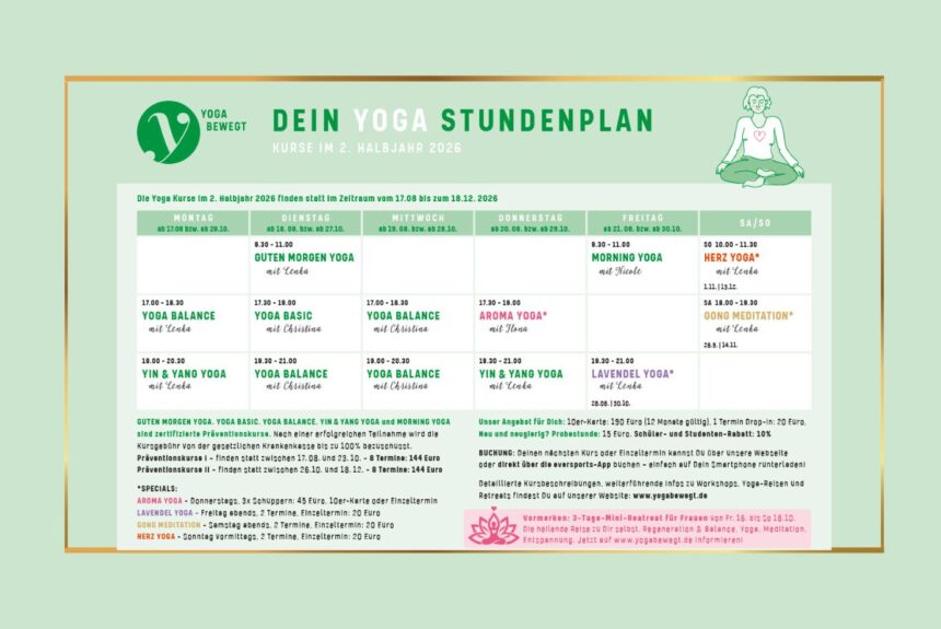 Webseite Aktuell alle Yoga-Themen (4) Dein Yoga Stundenplan in 2. Halbjahr 2026